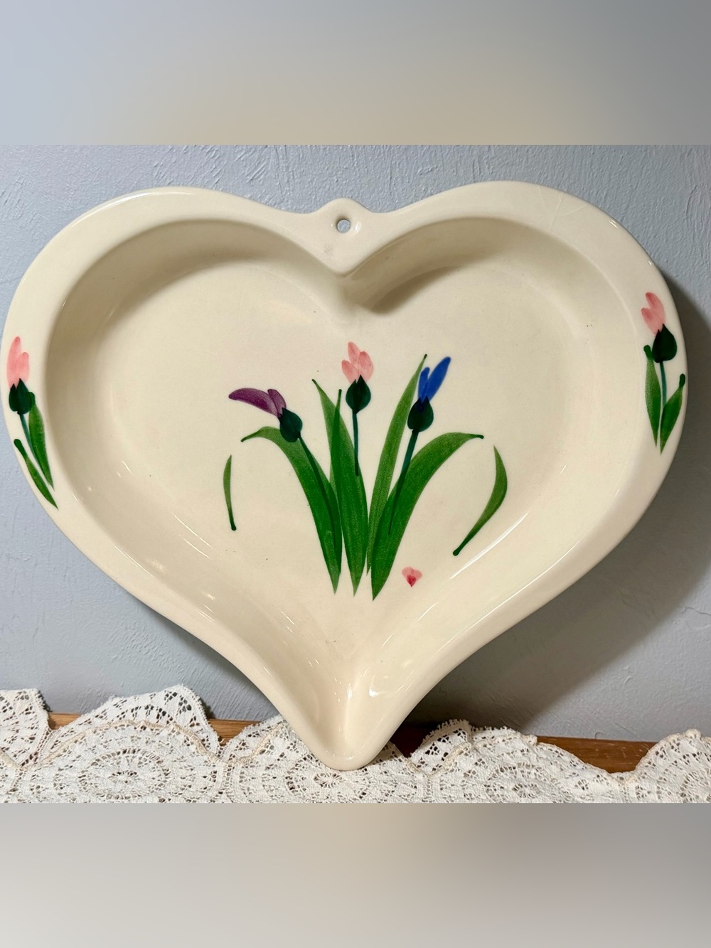 Vintage 1990 Heart-Shaped Ceramic Wall Plate with Hand-Painted Floral Design